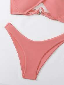 Chất rắn Bộ Bikini Dây chéo Vòng thép Áo & Đáy bikini 2 mảnh Bộ đồ tắm - Màu Hồng  Dưa hấu - Xem 3