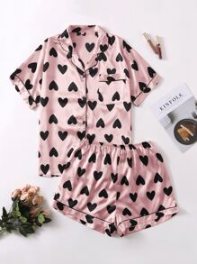 Plus Allover Heart Print Satin Pyjama Set - Baby Pink - View 1