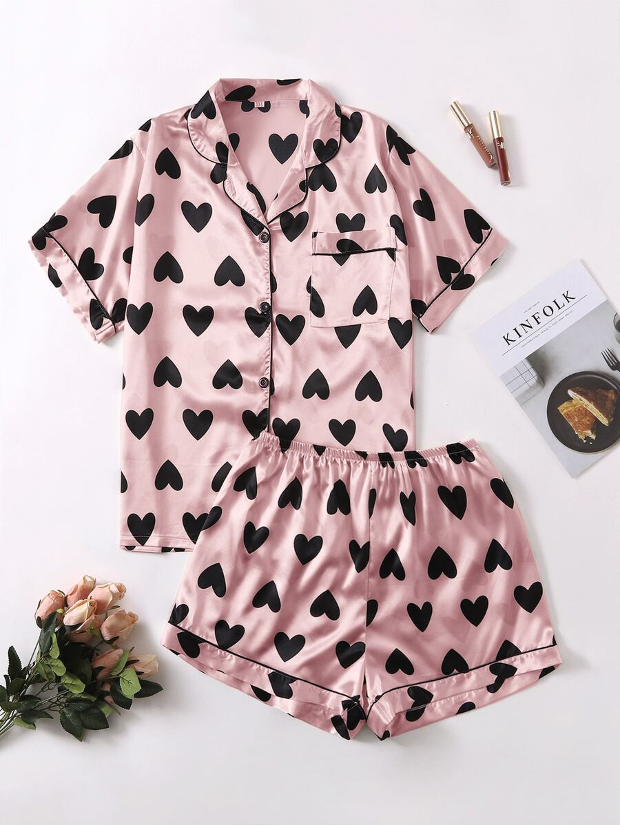 Plus Allover Heart Print Satin Pyjama Set - Baby Pink - View 1