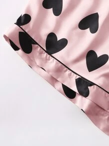 Plus Allover Heart Print Satin Pyjama Set - Baby Pink - View 3