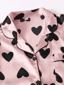 Plus Allover Heart Print Satin Pyjama Set - Baby Pink - View 4