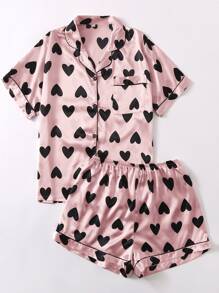 Plus Allover Heart Print Satin Pyjama Set - Baby Pink - View 5