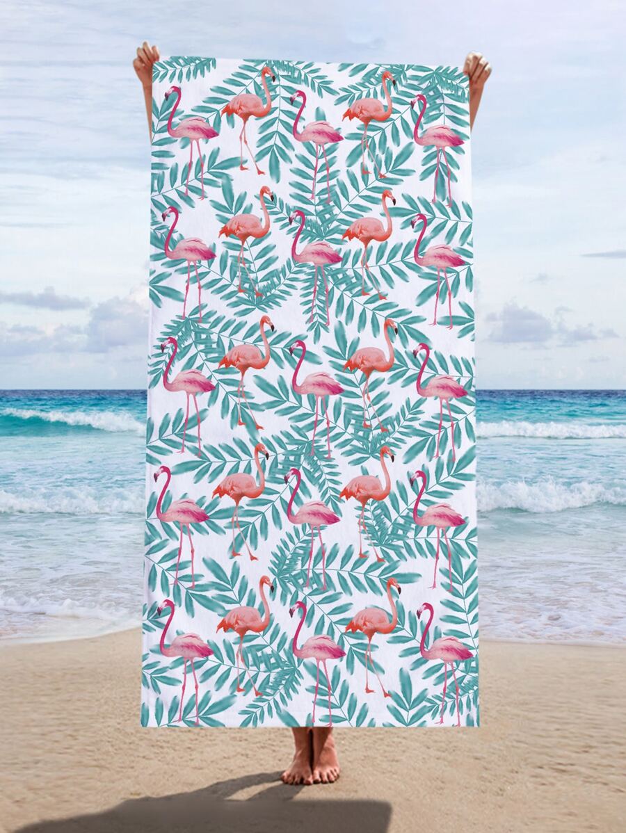 Khăn tắm biển in hình chim hồng hạc - Xanh và trắng - Xem 1