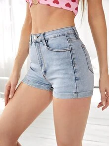 Quần short denim nữ Nút Túi Dây kéo màu trơn - Rửa nhẹ - Xem 3