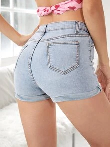 Quần short denim nữ Nút Túi Dây kéo màu trơn - Rửa nhẹ - Xem 2