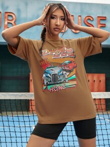 標語和汽車圖案落肩T恤 - 棕色 - 查看 1