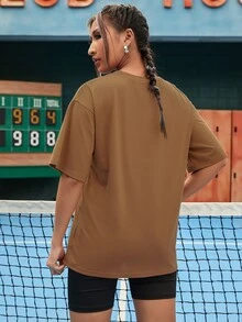 標語和汽車圖案落肩T恤 - 棕色 - 查看 2