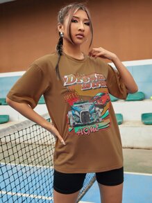 標語和汽車圖案落肩T恤 - 棕色 - 查看 5