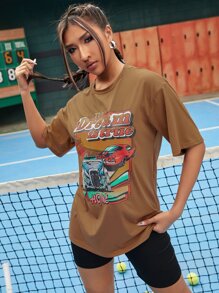 標語和汽車圖案落肩T恤 - 棕色 - 查看 7