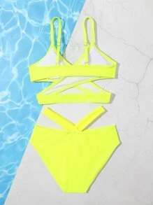 Tween Girl 纯色十字交叉镂空比基尼套装 夏日海滩