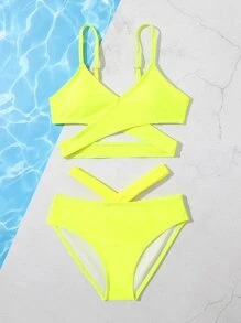 Tween Girl 纯色十字交叉镂空比基尼套装 夏日海滩