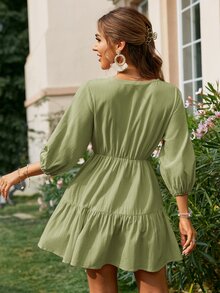燈籠袖按折痕細節前繫帶荷葉邊連衣裙 - 橄欖綠 - 查看 2