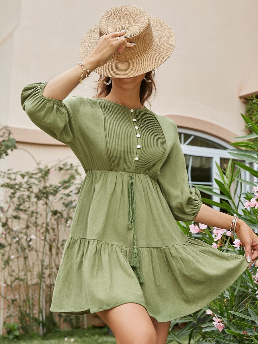 燈籠袖按折痕細節前繫帶荷葉邊連衣裙 - 橄欖綠 - 查看 1
