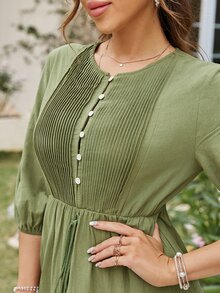 燈籠袖按折痕細節前繫帶荷葉邊連衣裙 - 橄欖綠 - 查看 6