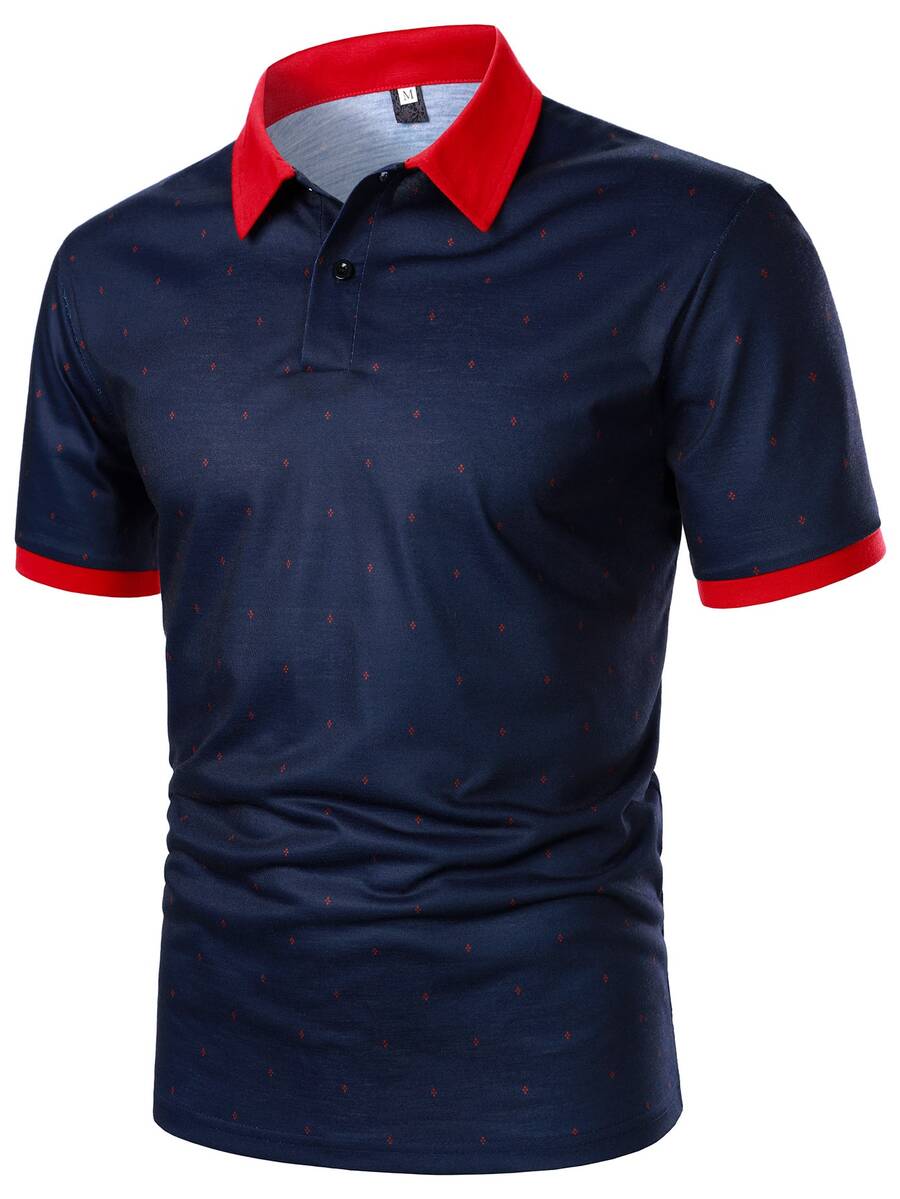 Calvornis Hombres Camisa polo con estampado de cuello en contraste - Azul Marino - Ver 1