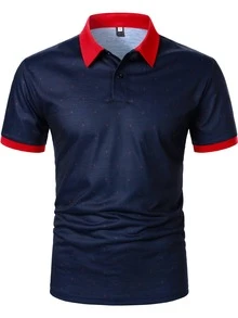 Calvornis Hombres Camisa polo con estampado de cuello en contraste - Azul Marino - Ver 3