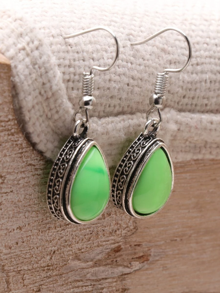 1pair Vintage Teardrop Design Earrings With Antiqued Silver Plating, Multiple Colors Available - Green - View 1