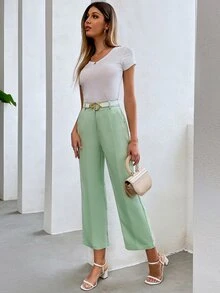 Women Suit Pants Nút màu trơn - màu xanh lá - Xem 3