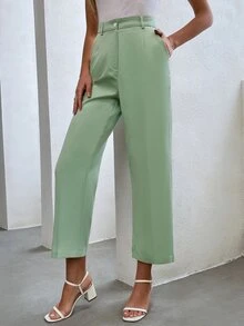 Women Suit Pants Nút màu trơn - màu xanh lá - Xem 5