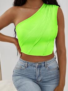 Neon Green One Shoulder Crop Top - Lime Green - View 1