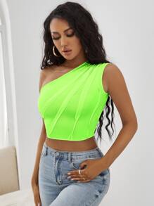 Neon Green One Shoulder Crop Top - Lime Green - View 3
