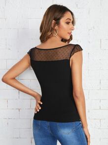 SHEIN Unity Áo thun nữ Tương phản Mesh Xù màu trơn Thanh lịch - màu đen - Xem 2