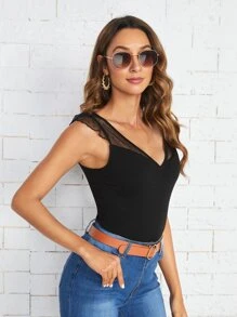 SHEIN Unity Áo thun nữ Tương phản Mesh Xù màu trơn Thanh lịch - màu đen - Xem 4