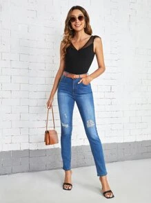 SHEIN Unity Áo thun nữ Tương phản Mesh Xù màu trơn Thanh lịch - màu đen - Xem 5