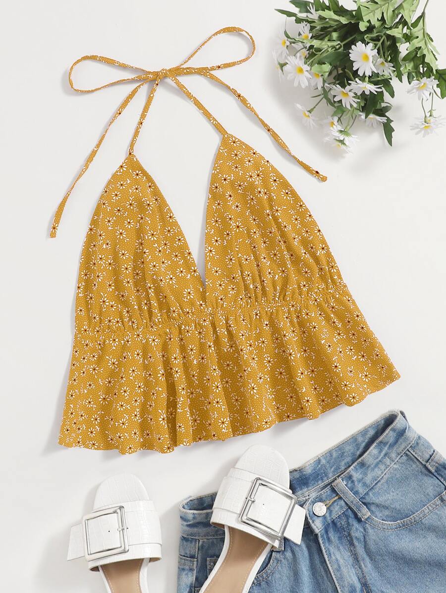 SHEIN Unity Ditsy Floral Tie Back Halter Top - Yellow - View 1