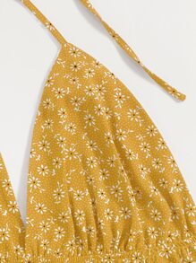 SHEIN Unity Ditsy Floral Tie Back Halter Top - Yellow - View 4