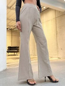 高腰格紋喇叭褲