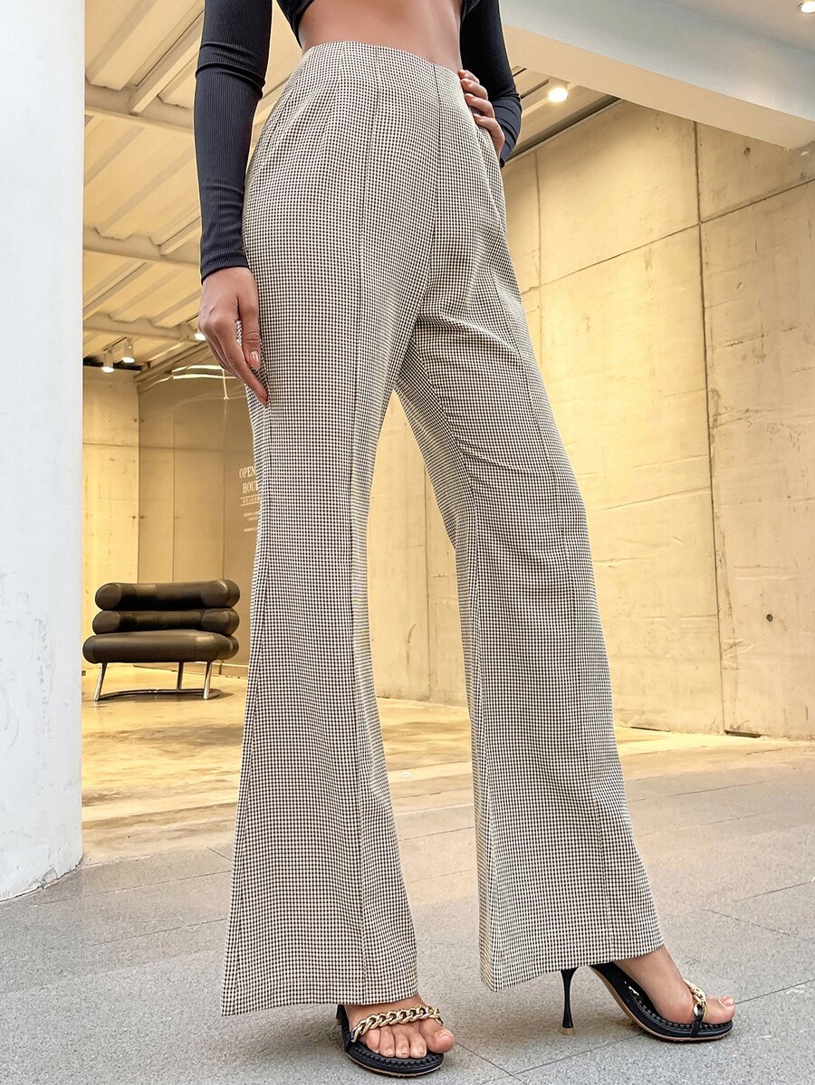 高腰格紋喇叭褲