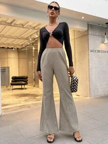 高腰格紋喇叭褲