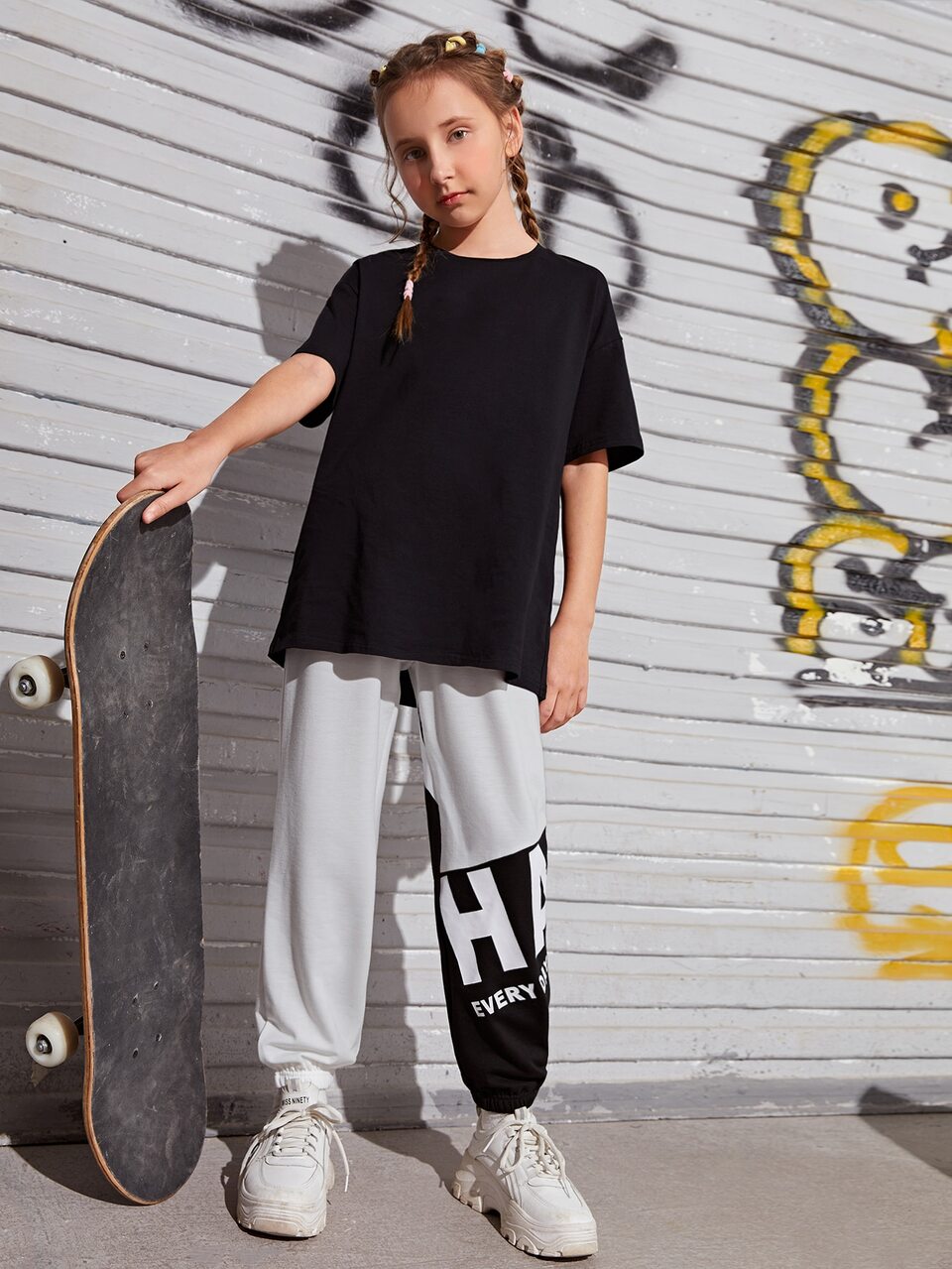 Girls Letter Graphic Contrast Panel Sweatpants