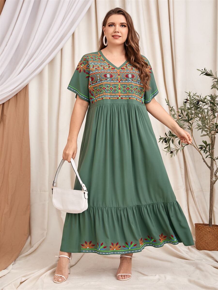 Al Najma Plus Geo Embroidery Ruffle Hem Smock Dress - Army Green - View 1