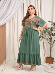 Al Najma Plus Geo Embroidery Ruffle Hem Smock Dress - Army Green - View 3