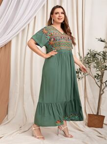 Al Najma Plus Geo Embroidery Ruffle Hem Smock Dress - Army Green - View 4