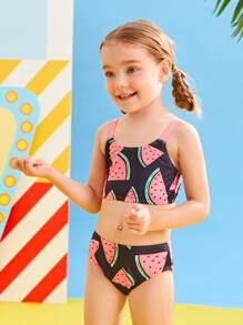 Young Girl Watermelon Print Bikini Set Summer Beach - Multicolor - View 3