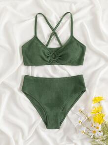 SHEIN Teen Girls Ring Linked Bikini Set Summer Beach - Green - View 1