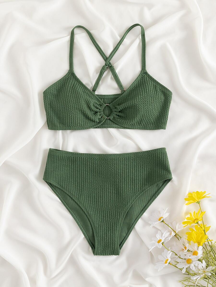 SHEIN Teen Girls Ring Linked Bikini Set Summer Beach - Green - View 1