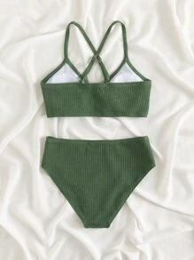 SHEIN Teen Girls Ring Linked Bikini Set Summer Beach - Green - View 2