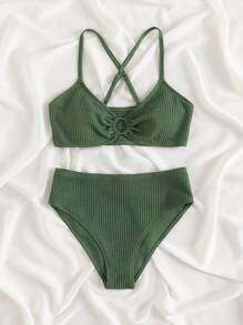 SHEIN Teen Girls Ring Linked Bikini Set Summer Beach - Green - View 3