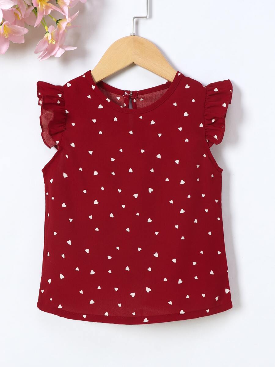 SHEIN Young Girl Confetti Heart Print Ruffle Sleeve Blouse - Burgundy - View 1