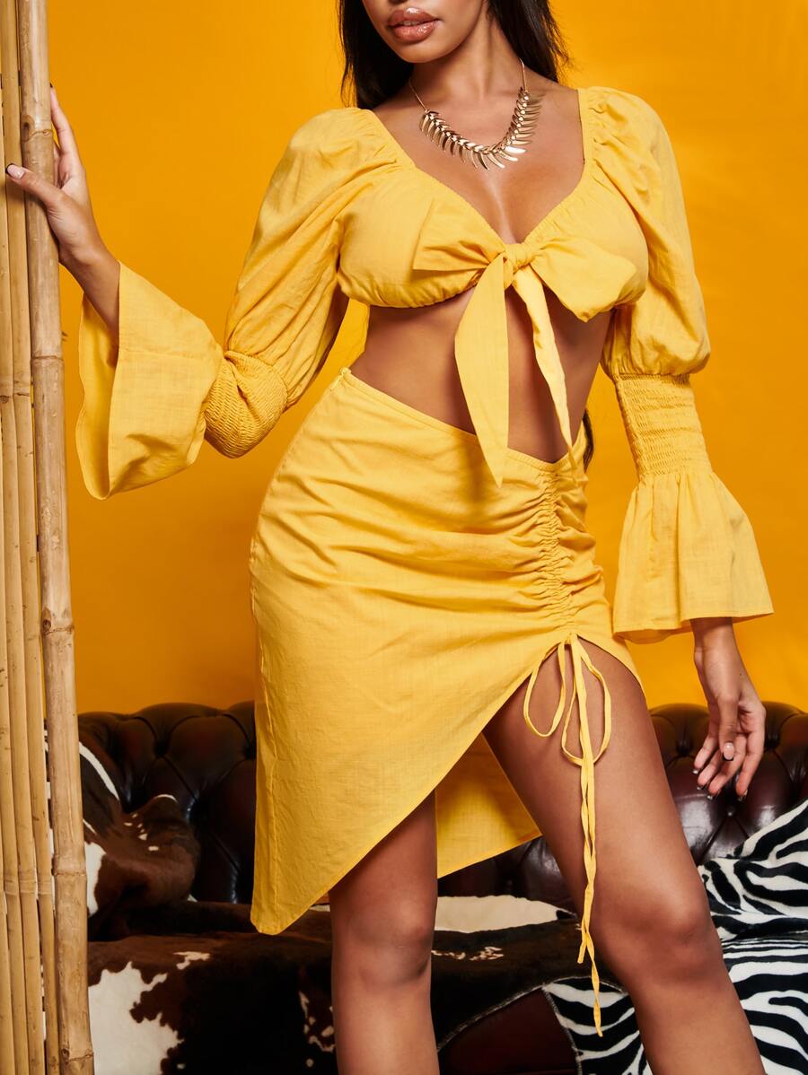 SHEIN SXY 打褶荷葉袖短款上衣和抽繩不對稱下擺半身裙 - 黃色 - 查看 1