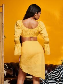 SHEIN SXY 打褶荷葉袖短款上衣和抽繩不對稱下擺半身裙 - 黃色 - 查看 2