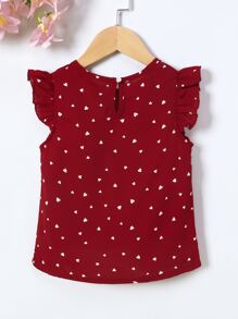SHEIN Young Girl Confetti Heart Print Ruffle Sleeve Blouse - Burgundy - View 2