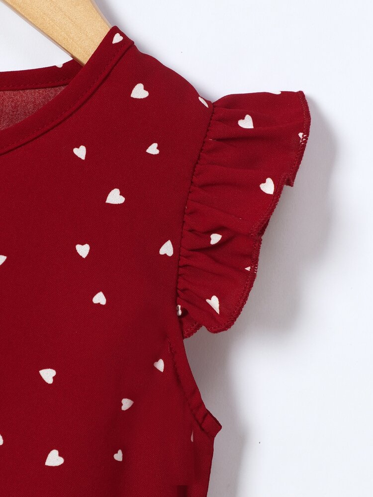 SHEIN Young Girl Confetti Heart Print Ruffle Sleeve Blouse - Burgundy - View 3