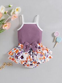 嬰兒撞色滾邊吊帶連體衣和花卉圖案蝴蝶結多層荷葉邊裙褲和髮箍 - 彩色 - 查看 1