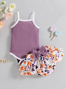 嬰兒撞色滾邊吊帶連體衣和花卉圖案蝴蝶結多層荷葉邊裙褲和髮箍 - 彩色 - 查看 4