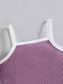 嬰兒撞色滾邊吊帶連體衣和花卉圖案蝴蝶結多層荷葉邊裙褲和髮箍 - 彩色 - 查看 5